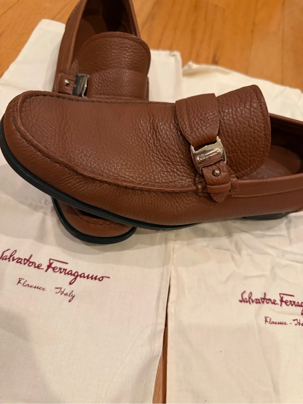 Salvatore Ferragamo Chestnut Brown Pebbled Leather Bit Loafers